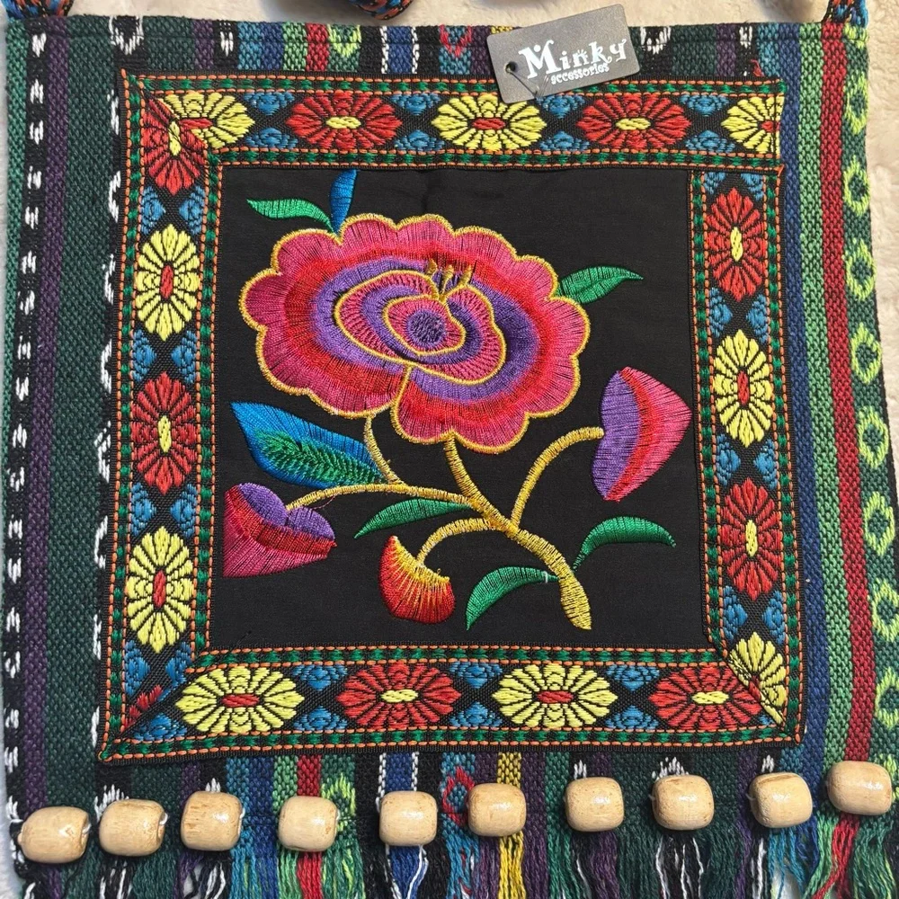 NEW Crossbody Bag Black Fabric Floral Embroidered Boho Wood Beads Fringe NWT - Picture 7 of 16